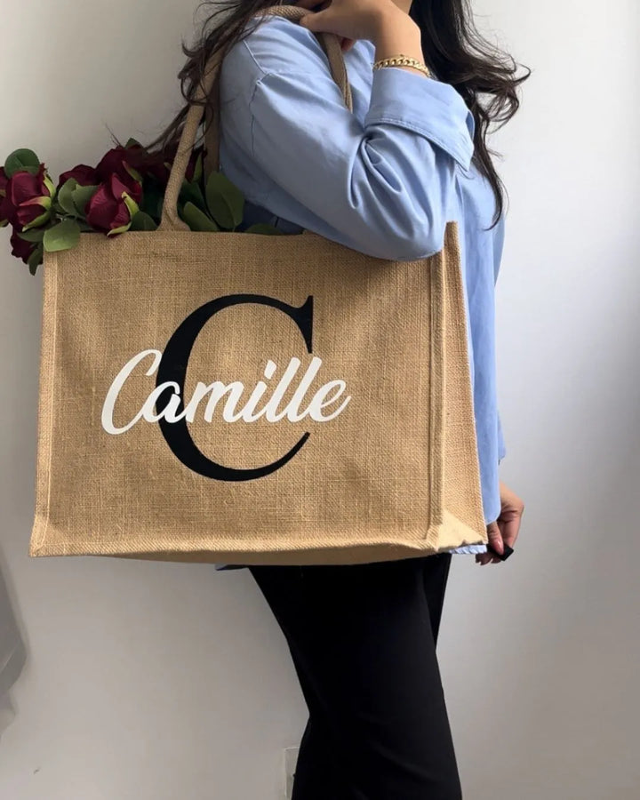 Grand sac en toile de jute personnalisé Initiale + Prénom