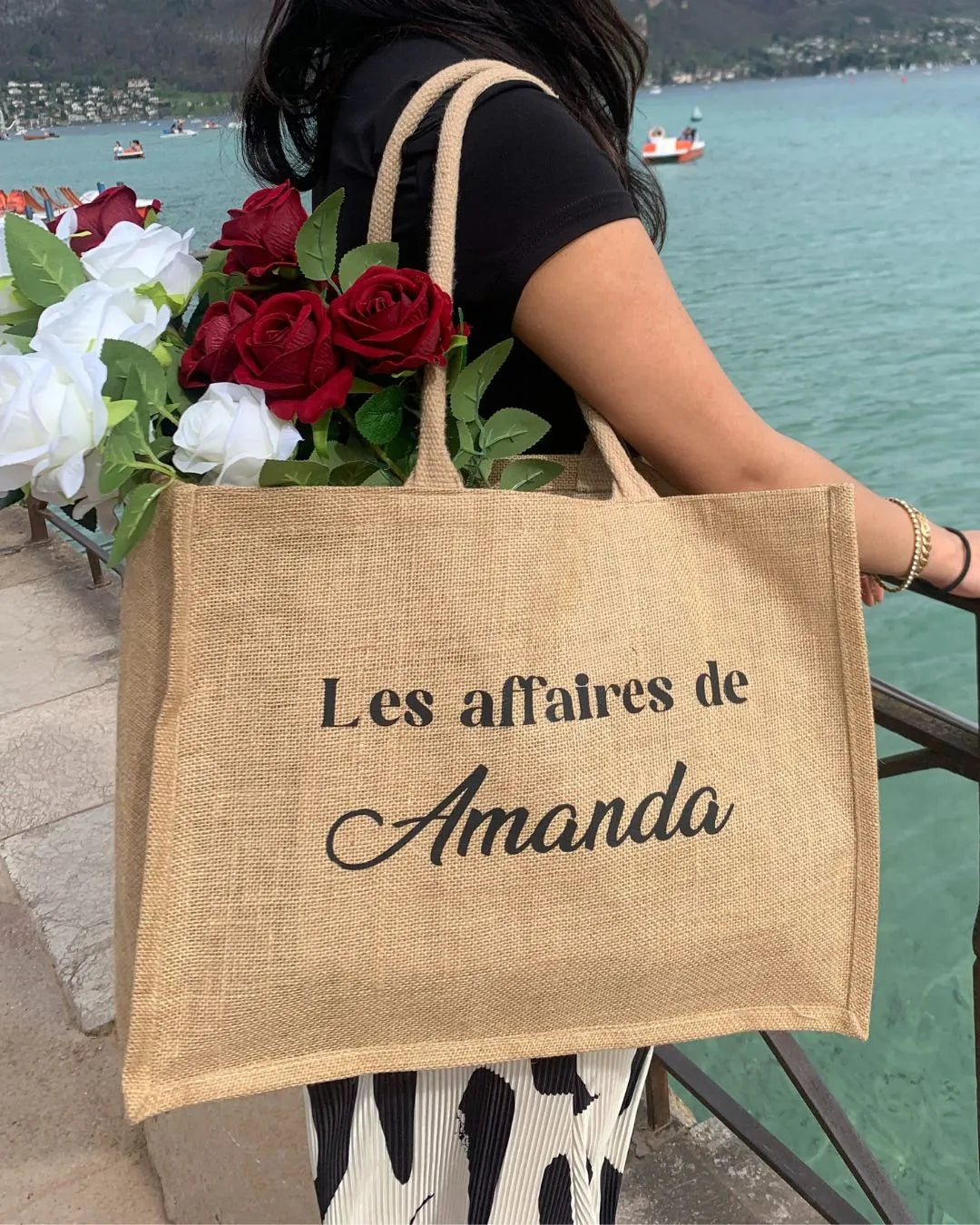 Grand sac en toile de jute personnalisé Prénom