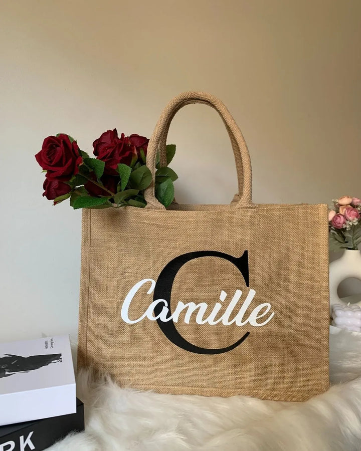 Grand sac en toile de jute personnalisé Initiale + Prénom