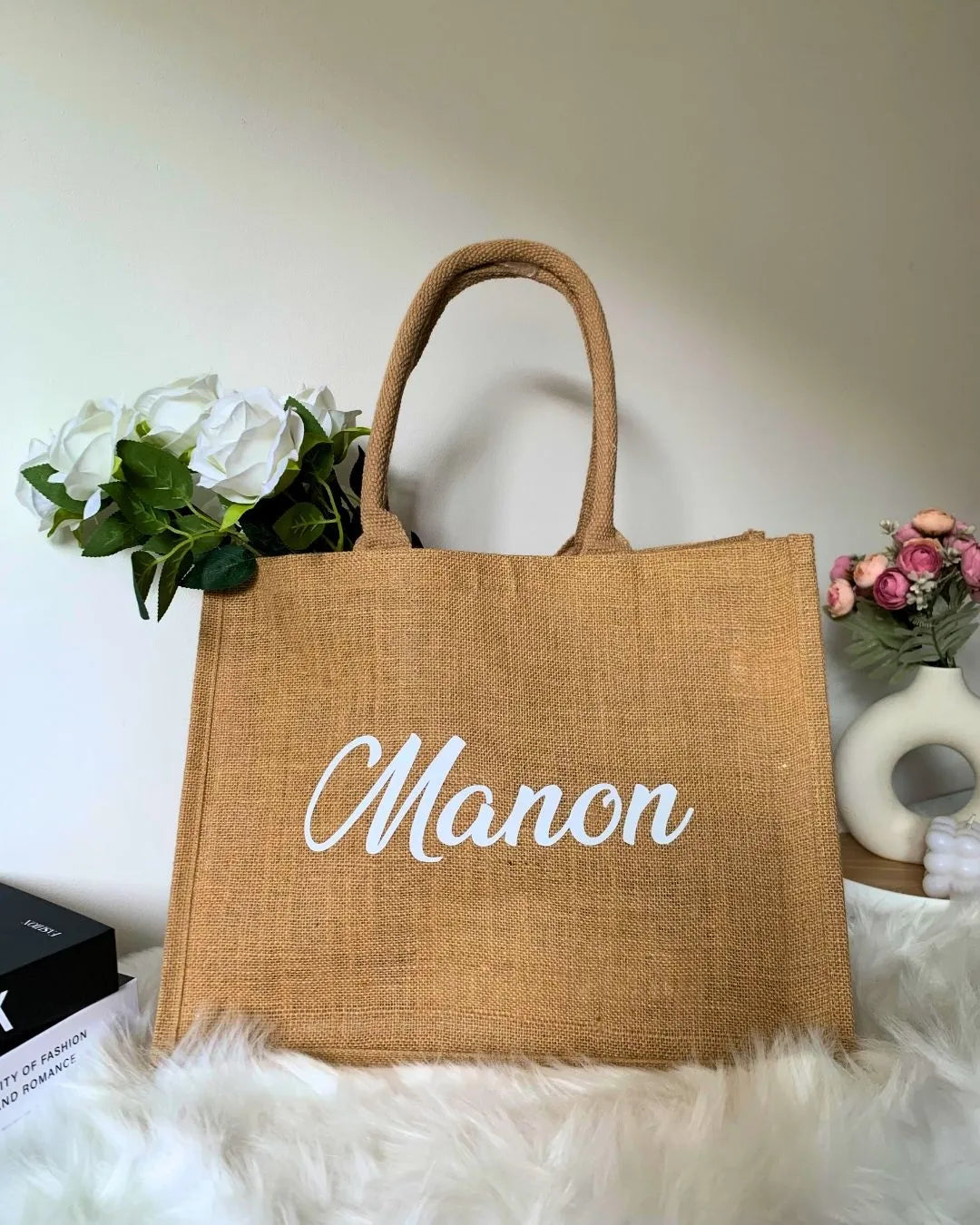 Grand sac en toile de jute personnalisé Prénom