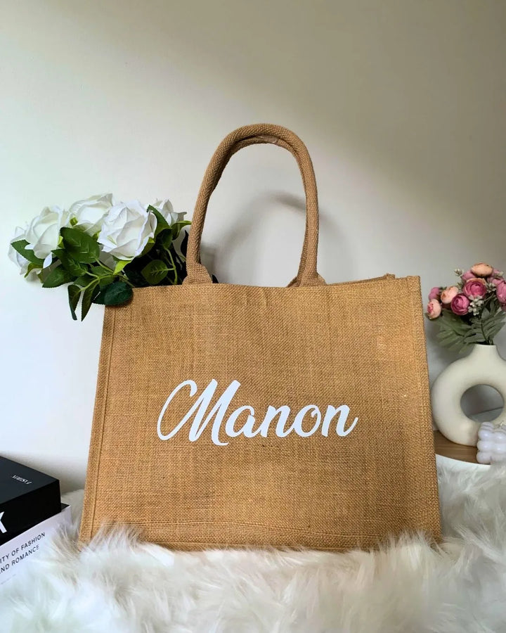 Grand sac en toile de jute personnalisé Prénom