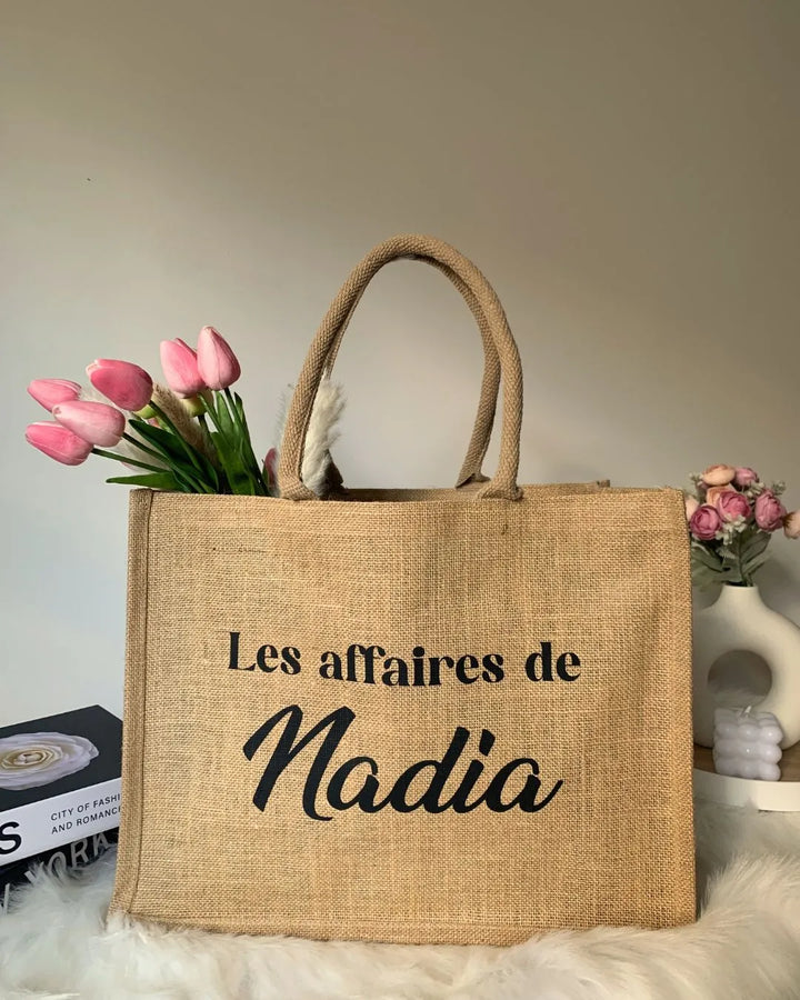Grand sac en toile de jute personnalisé Prénom